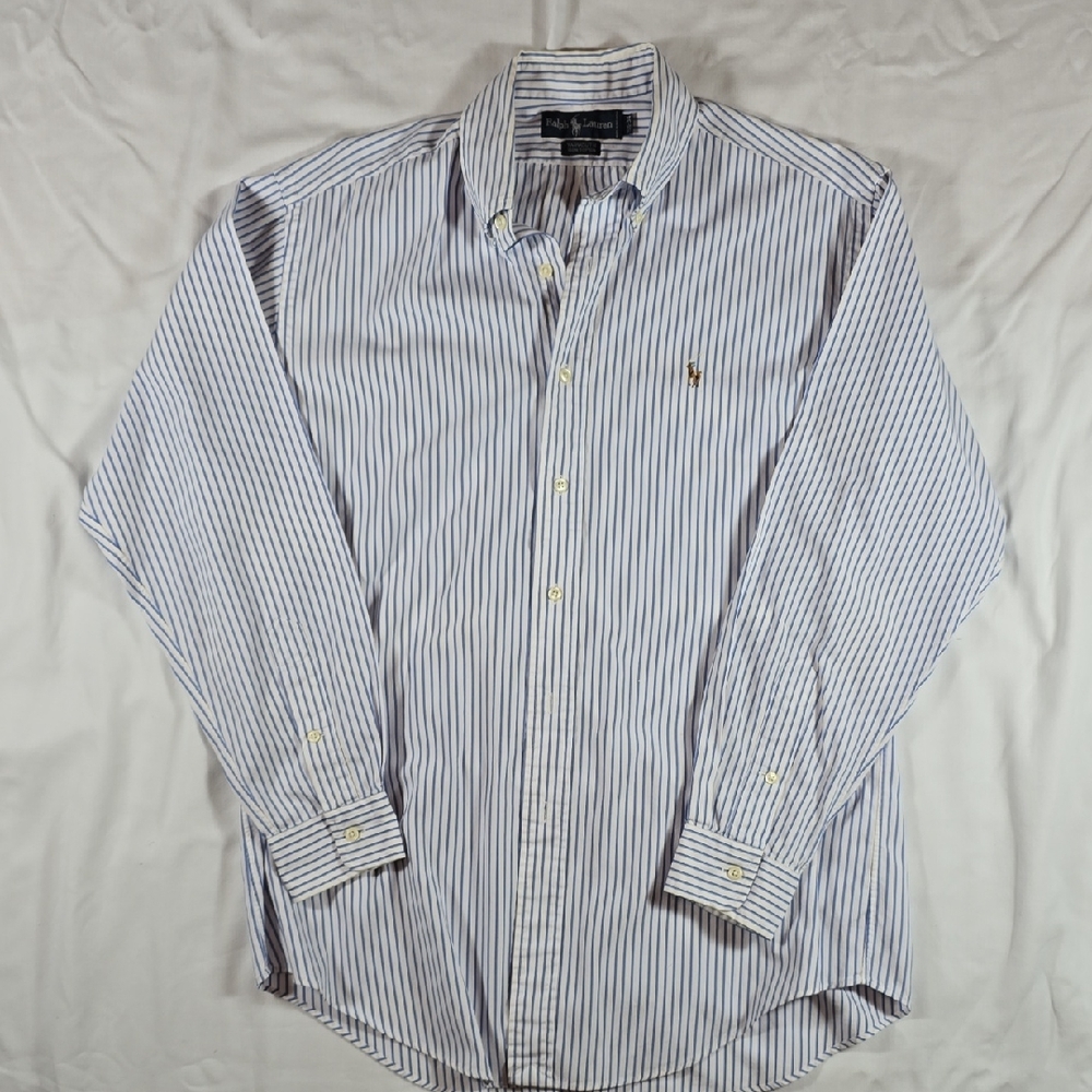 Ralph Lauren Men's White and Blue Pinstripe Shirt